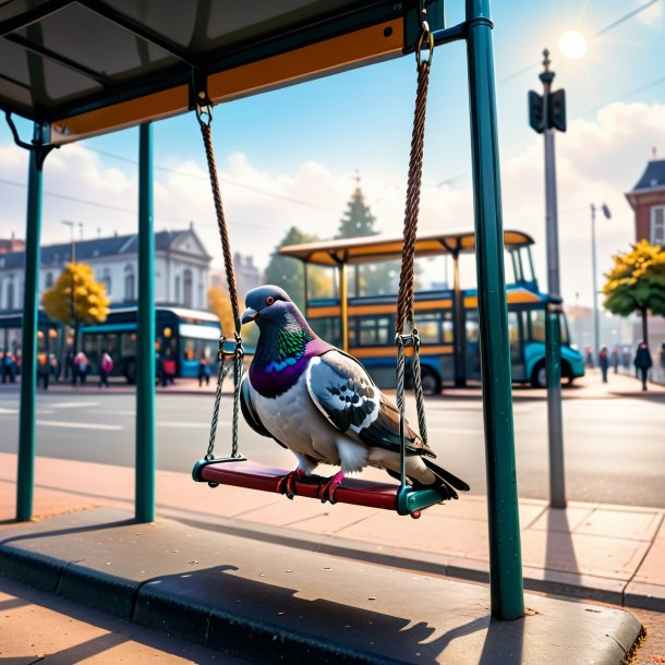 Foto de um balanço em um balanço de um pombo no ponto de ônibus