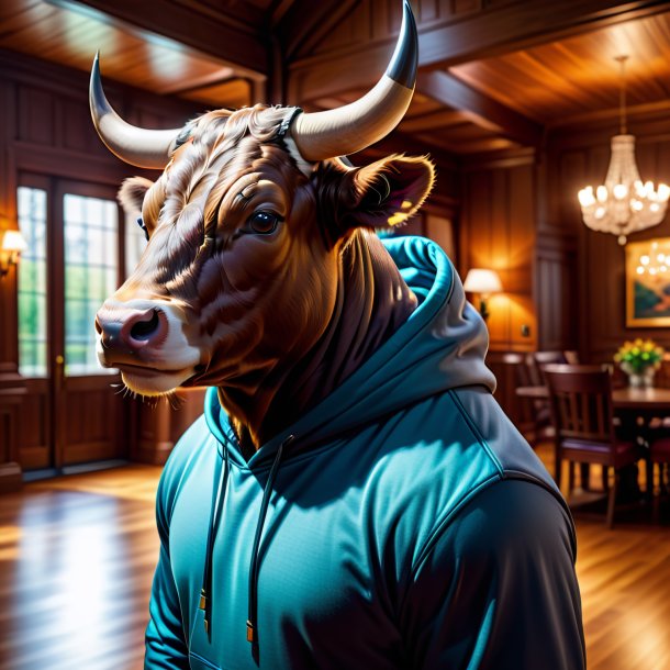 Pic of a bull in a hoodie in the house