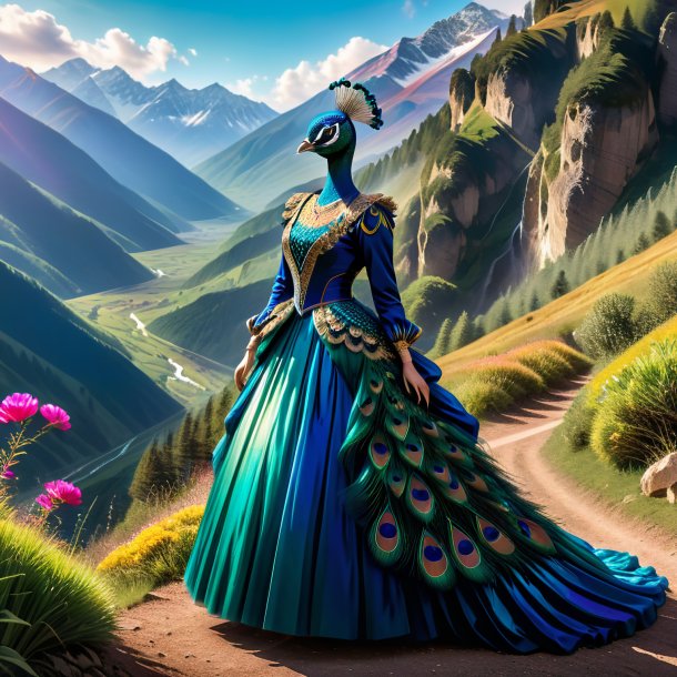 Pic of a peacock in a dress in the mountains