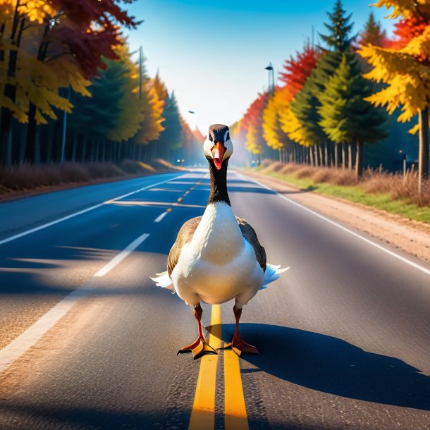 Image d'une menace d'oie sur la route