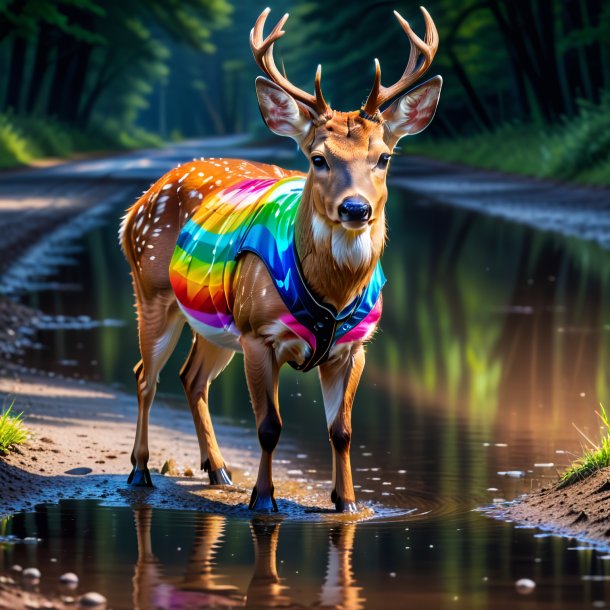 Pic of a deer in a vest in the puddle