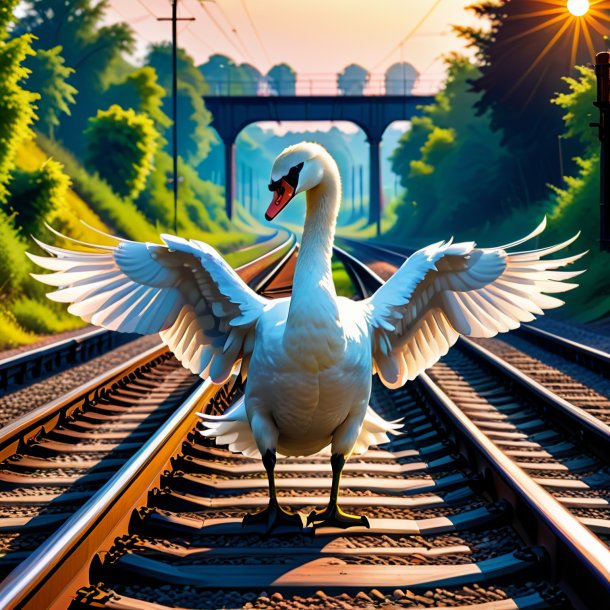 Illustration of a swan in a belt on the railway tracks