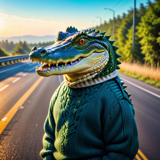 Imagem de um crocodilo em um suéter na estrada