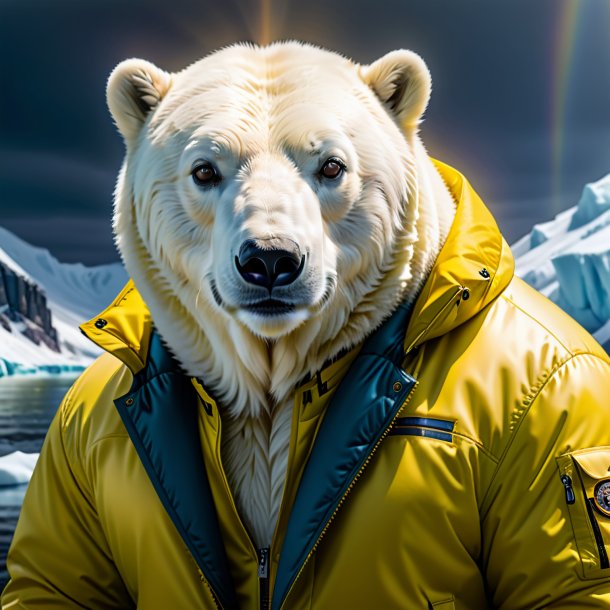 Foto de um urso polar em uma jaqueta amarela