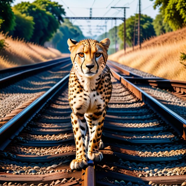 Photo of a swimming of a cheetah on the railway tracks