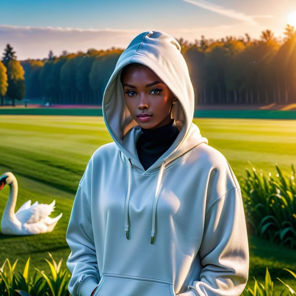 Foto de um cisne em um hoodie no campo