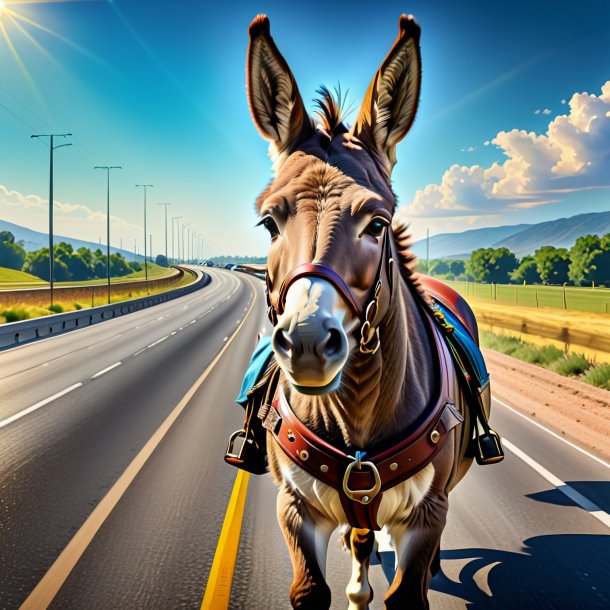 Drawing of a donkey in a belt on the highway