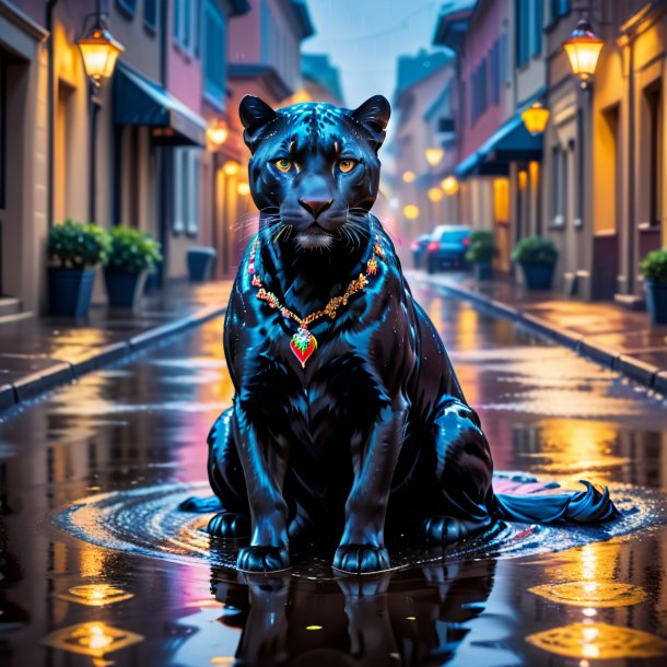 Picture of a panther in a dress in the puddle