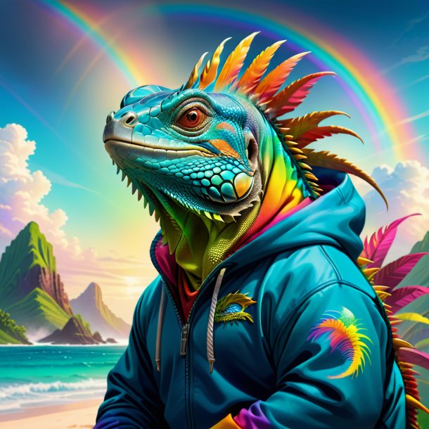 Illustration of a iguana in a hoodie on the rainbow