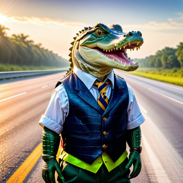 Image of a alligator in a vest on the highway