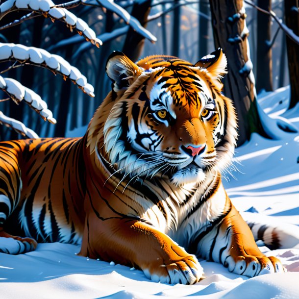 Image of a resting of a tiger in the snow