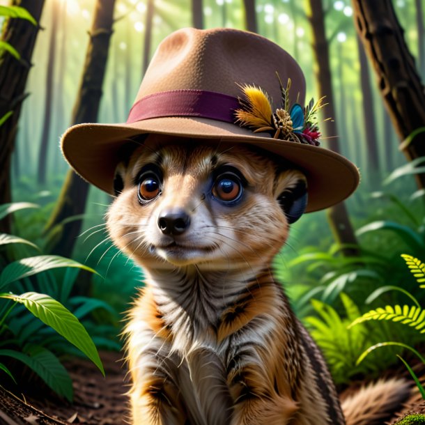 Picture of a meerkat in a hat in the forest