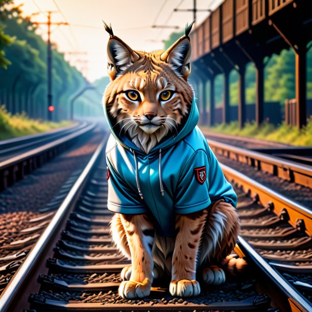 Foto de um lince em um hoodie nos trilhos ferroviários