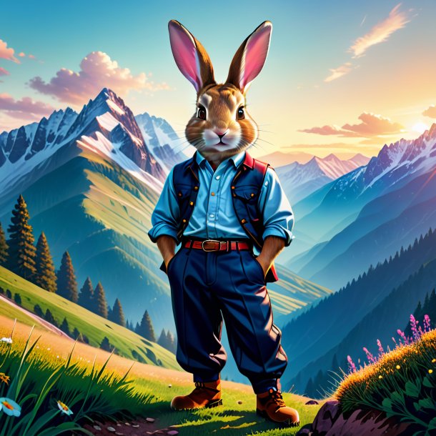 Illustration d'un lapin dans un pantalon dans les montagnes