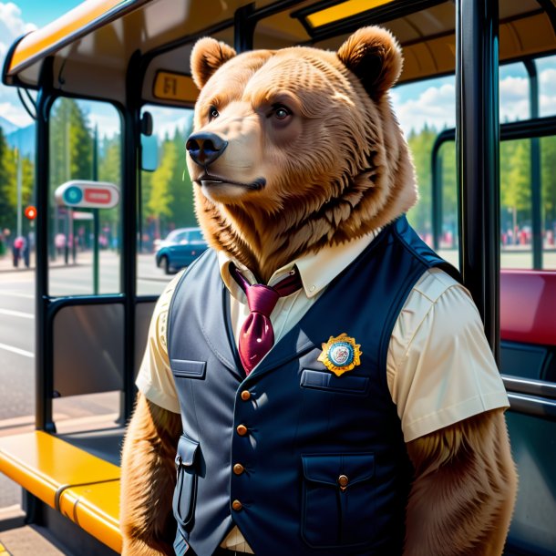 Photo d'un ours dans un gilet sur l'arrêt de bus