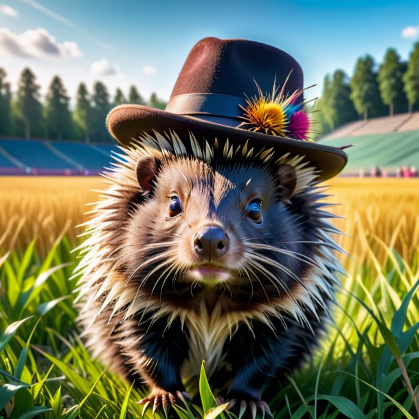 Pic of a porcupine in a hat on the field