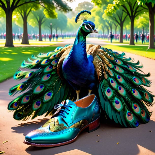 Foto de un pavo real en un zapato en el parque