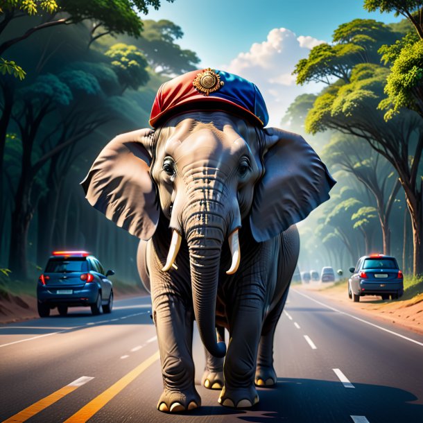 Illustration of a elephant in a cap on the road