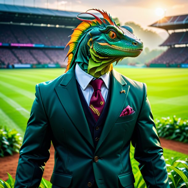 Photo of a basilisk in a jacket on the field