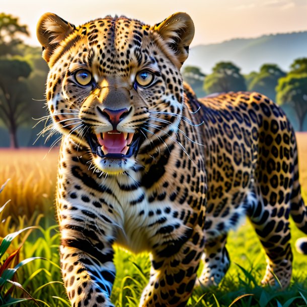 Foto de um sorriso de um leopardo no campo