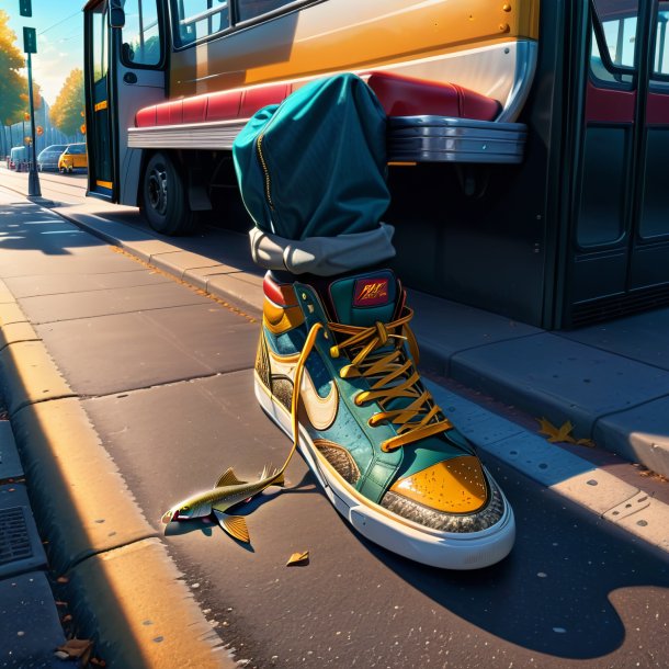 Drawing of a pike in a shoes on the bus stop