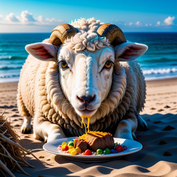 Foto de um comer de uma ovelha na praia