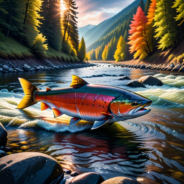 Pic of a salmon in a sweater in the river