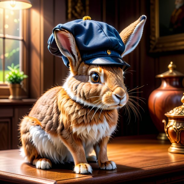 Photo of a hare in a cap in the house