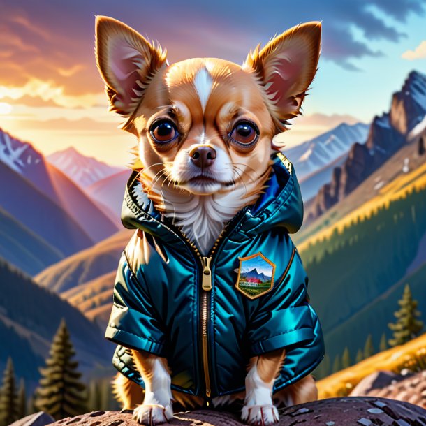 Illustration of a chihuahua in a jacket in the mountains