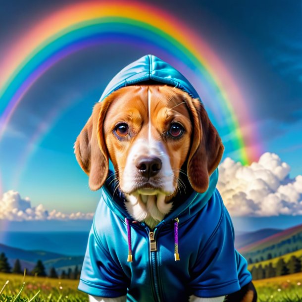 Photo d'une beagle dans une capuche sur l'arc-en-ciel