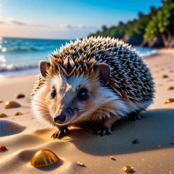 Foto de uma natação de um ouriço na praia