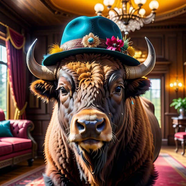 Picture of a bison in a hat in the house