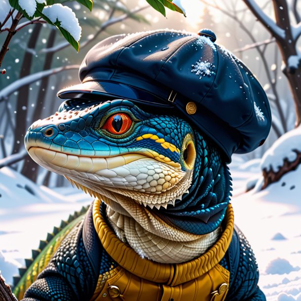 Drawing of a monitor lizard in a cap in the snow