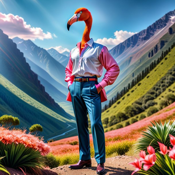 Image of a flamingo in a trousers in the mountains