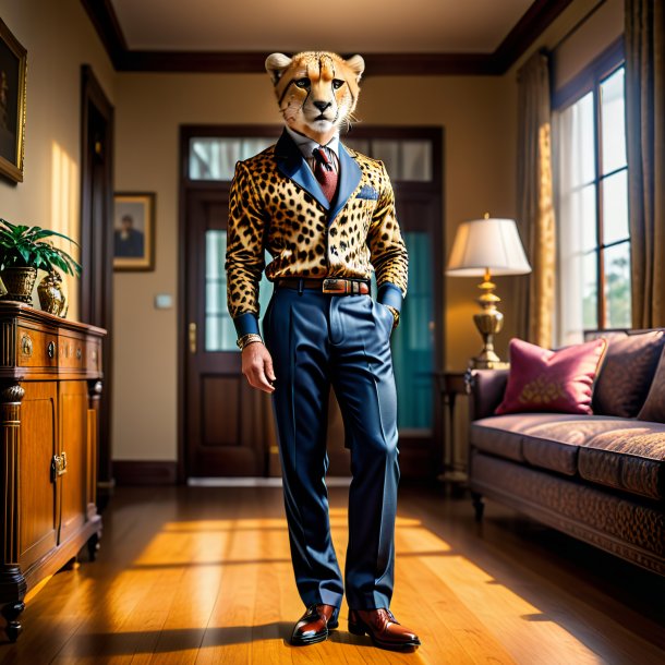 Image of a cheetah in a trousers in the house