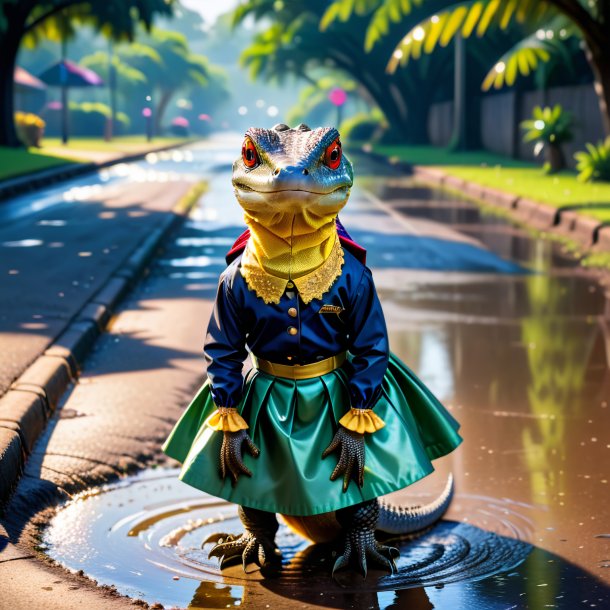 Picture of a monitor lizard in a skirt in the puddle