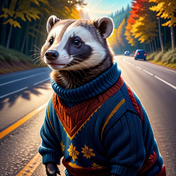 Illustration of a badger in a sweater on the road