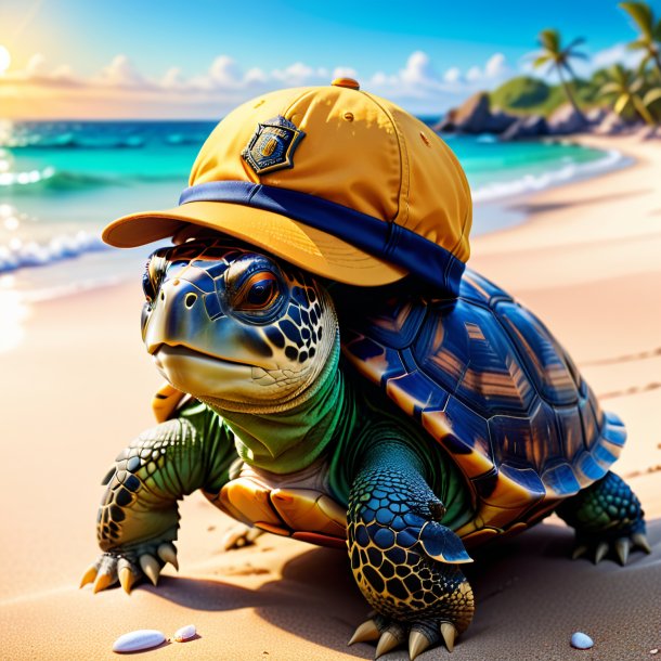 Image of a tortoise in a cap on the beach