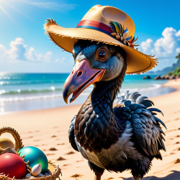 Foto de un dodo en un sombrero en la playa