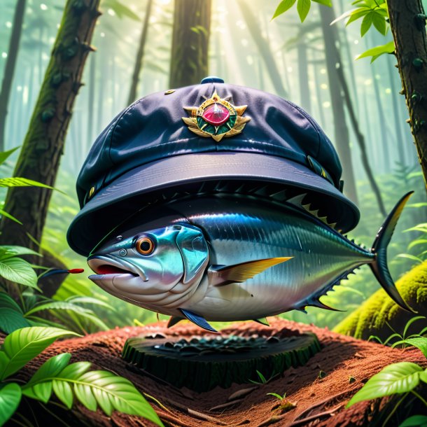 Foto de un atún en una gorra en el bosque