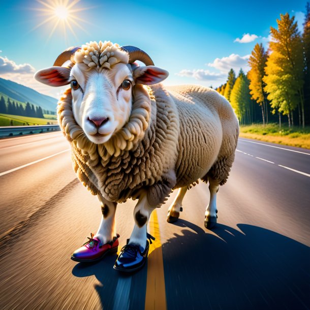 Photo d'un mouton dans une chaussure sur l'autoroute