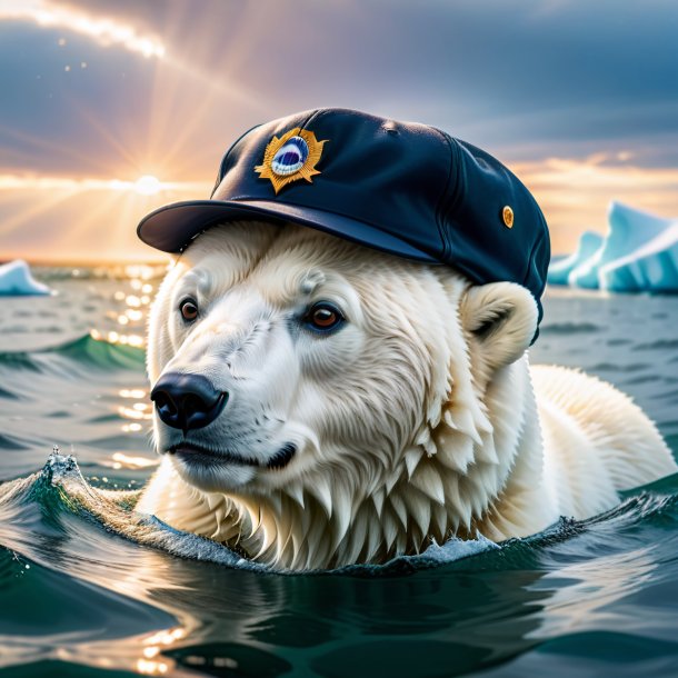 Pic of a polar bear in a cap in the water