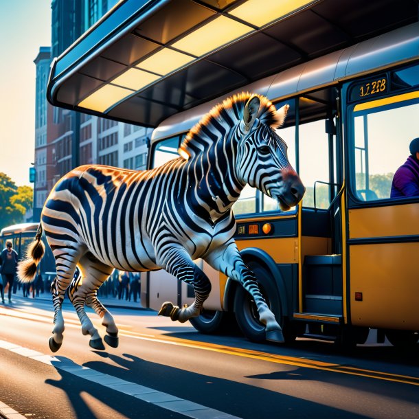 Image of a jumping of a zebra on the bus stop