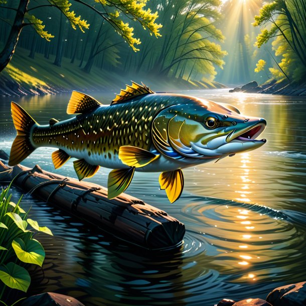 Drawing of a pike in a coat in the river