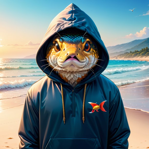 Ilustração de uma carpa em um hoodie na praia