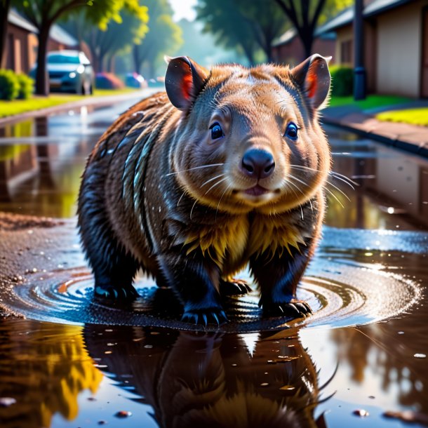 Imagen de un wombat en un cinturón en el charco