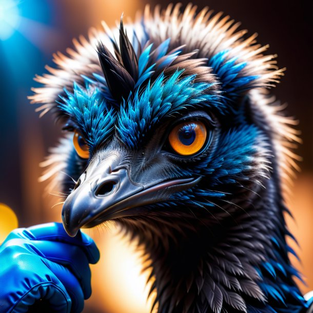 Photo of a emu in a blue gloves