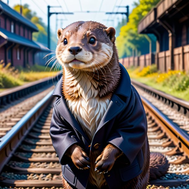 Image of a otter in a coat on the railway tracks