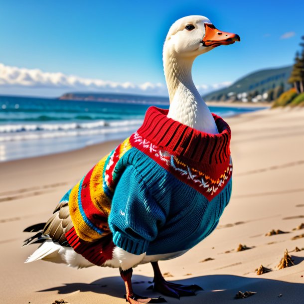 Foto de un ganso en un suéter en la playa