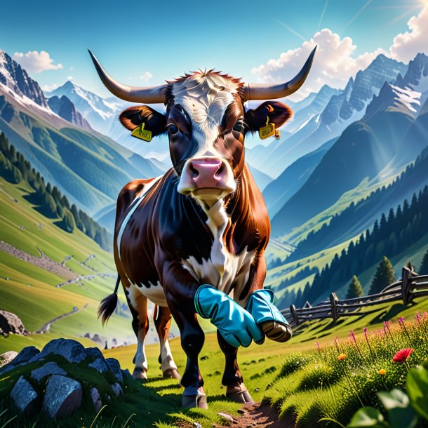 Image of a cow in a gloves in the mountains